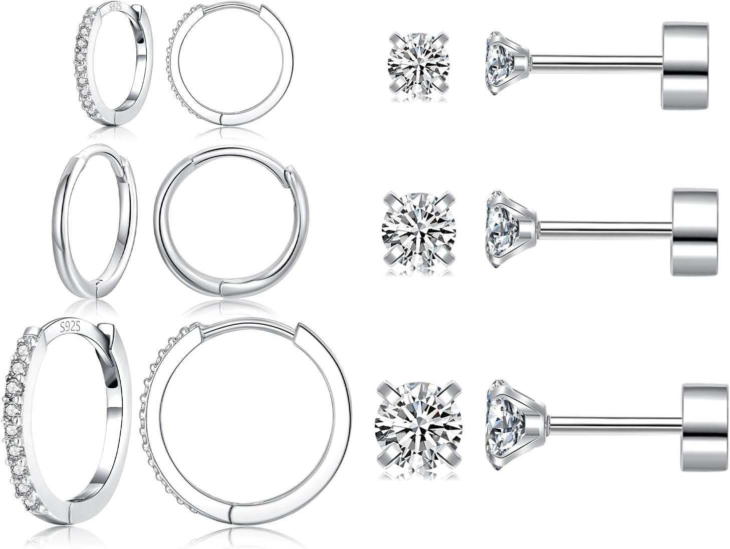 6 Pairs Sterling Silver Earrings Sets for Multiple Piercing Small Silver Huggie...