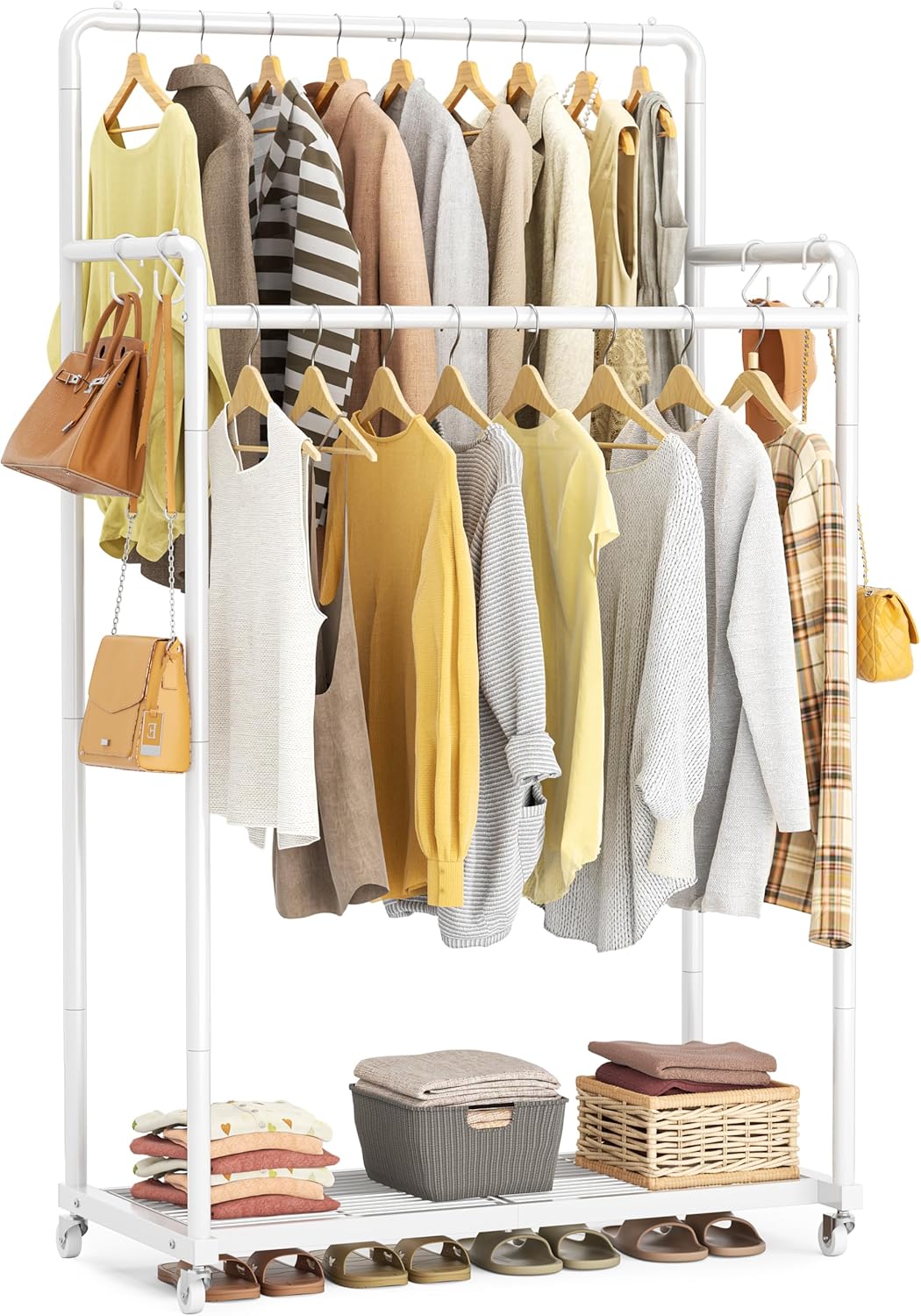 HOMIDEC Clothes Rail,Metal Clothes Rack with Hooks, Double Rads Heavy Duty Cloth...