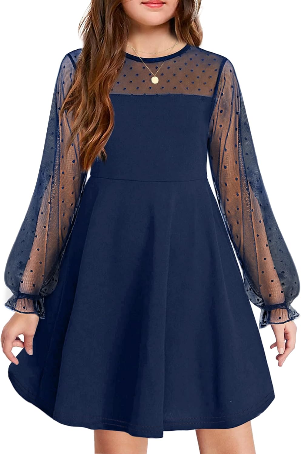 Arshiner Girl's Contrast Mesh Puff Long Sleeve High Waist A Line Princess Skater...