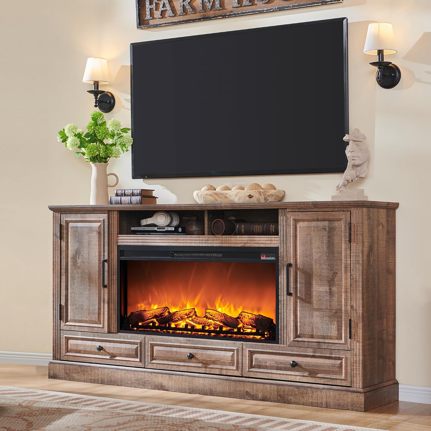 Fireplace TV Stand for 80 Inch TV, 35.7" Tall Farmhouse Entertainment Center W/3...