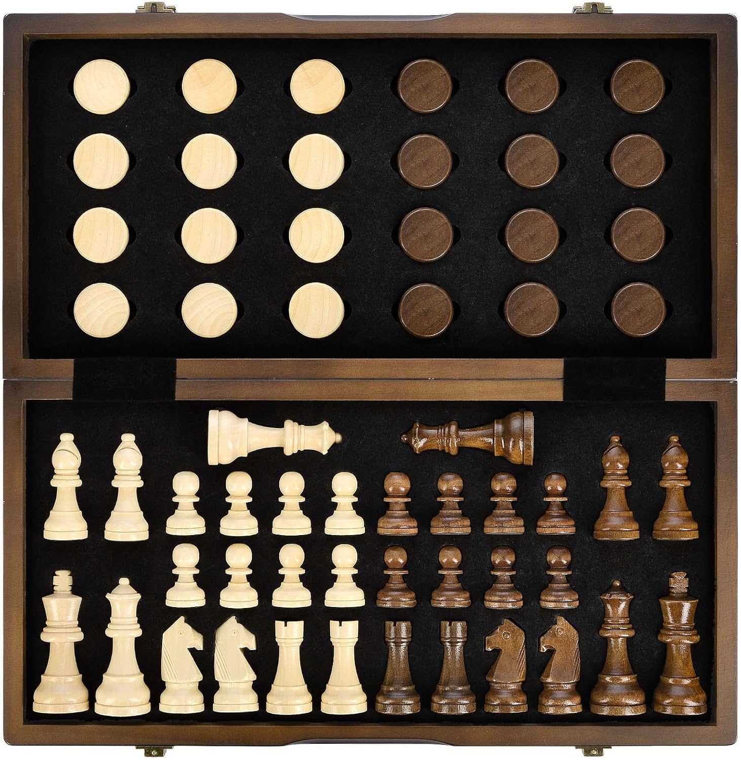 AMEROUS Magnetic Wooden Chess and Checkers Game Set, 15 Inches (2 in 1) Chess Bo...