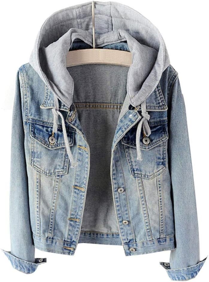 LifeShe Women's Casual Detachable Hoodie Denim Jacket Large A-light Blue