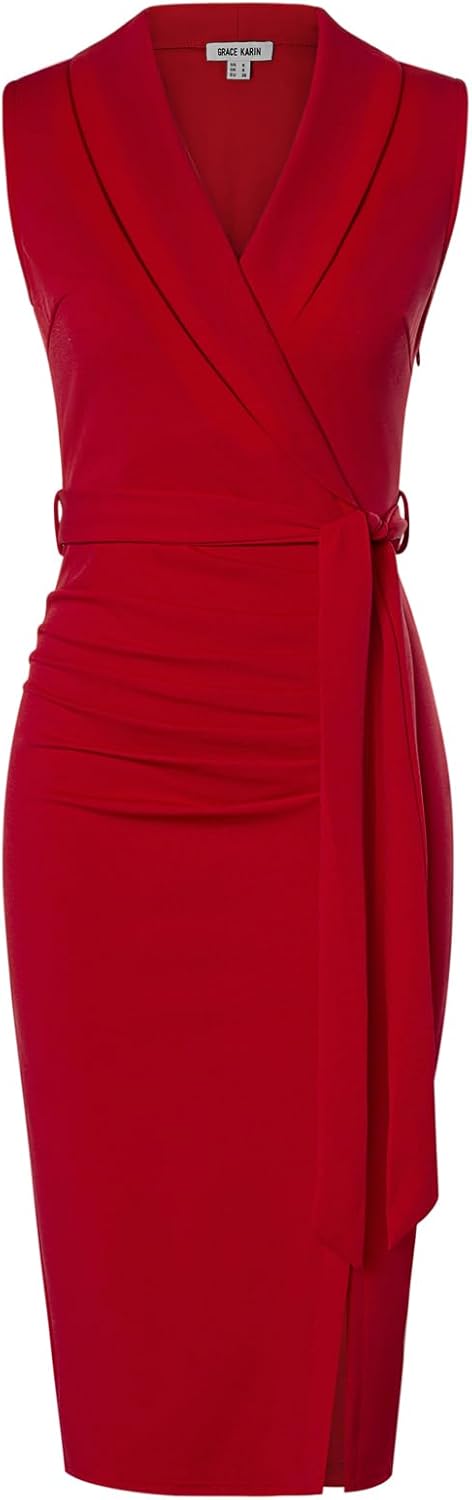 GRACE KARIN Women's Bodycon Dress Sleeveless Shawl V-Neck Wrap Midi Business Wor...