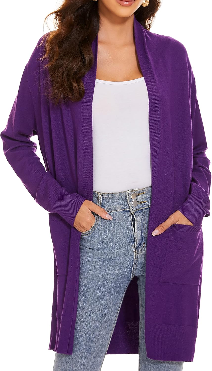 Huuloo Women's Open Front Long Shawl Cardigan Sweater with Pockets Medium Purple