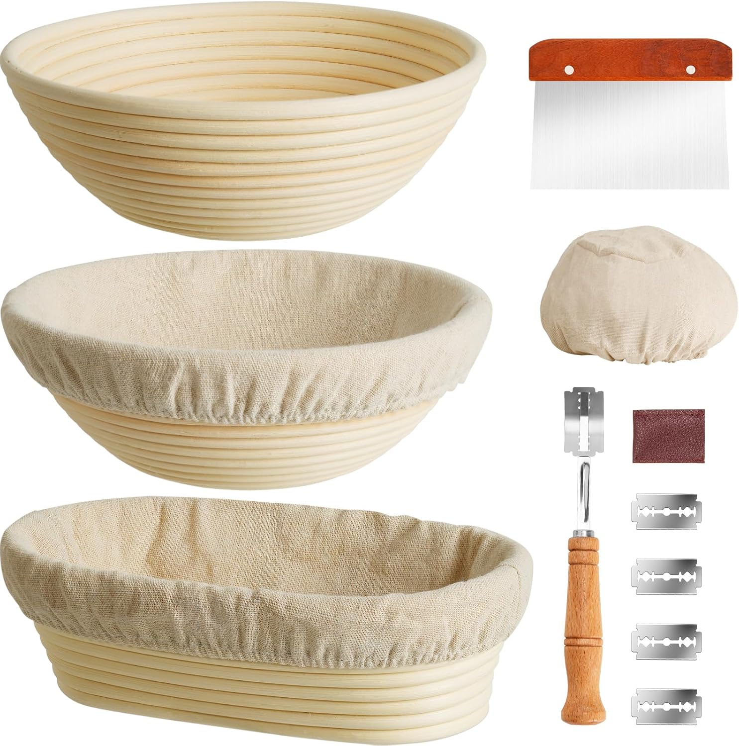 Banneton Bread Proofing Basket, Kikcoin Round Oval Proofing Basket Set of 3 (9"...