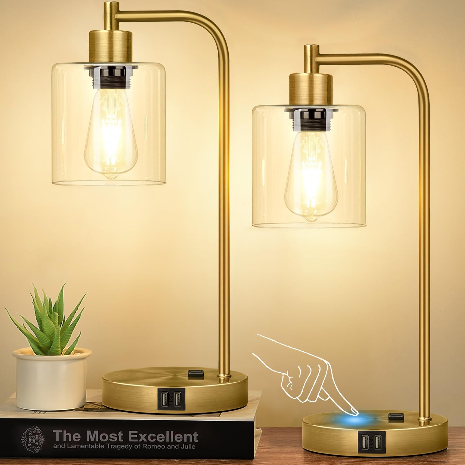 Industrial Touch Table Lamps Set of 2-2 USB Ports & AC Outlet Nightstand Lamps,...