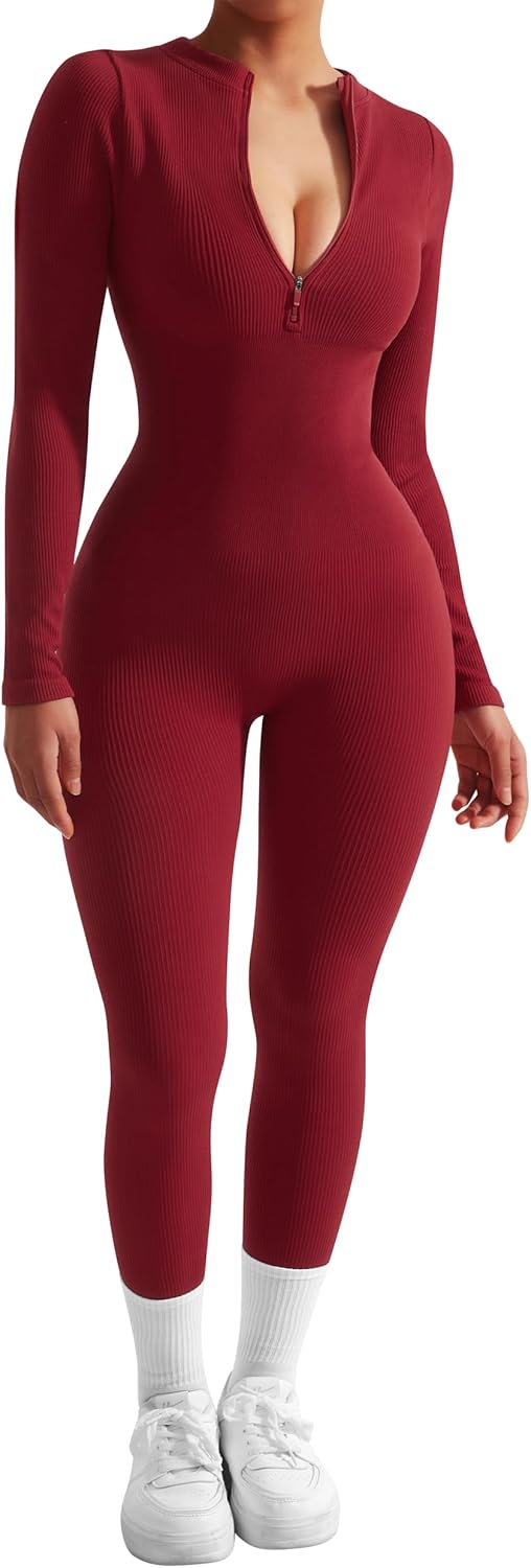 SUUKSESS Women Long Sleeve Ribbed Jumpsuit Zip up Front Workout Bodycon Romper M...