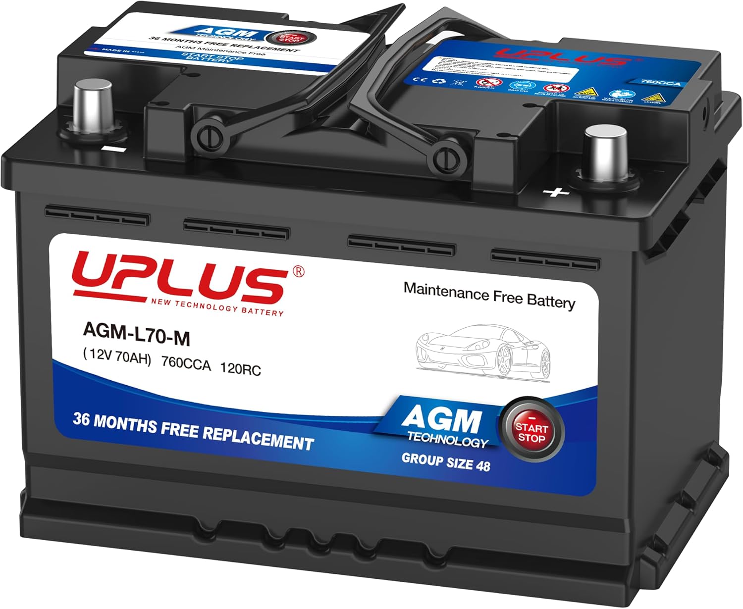 UPLUS BCI Group 48 Car Battery, AGM-L70-M Maintenance Free 12V 70Ah Premium AGM...