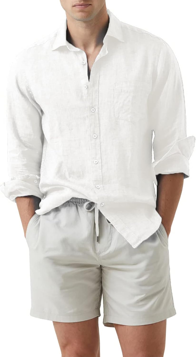 JMIERR Mens Cotton Linen Casual Stylish Button Down Shirt Long Sleeve Dress Shir...