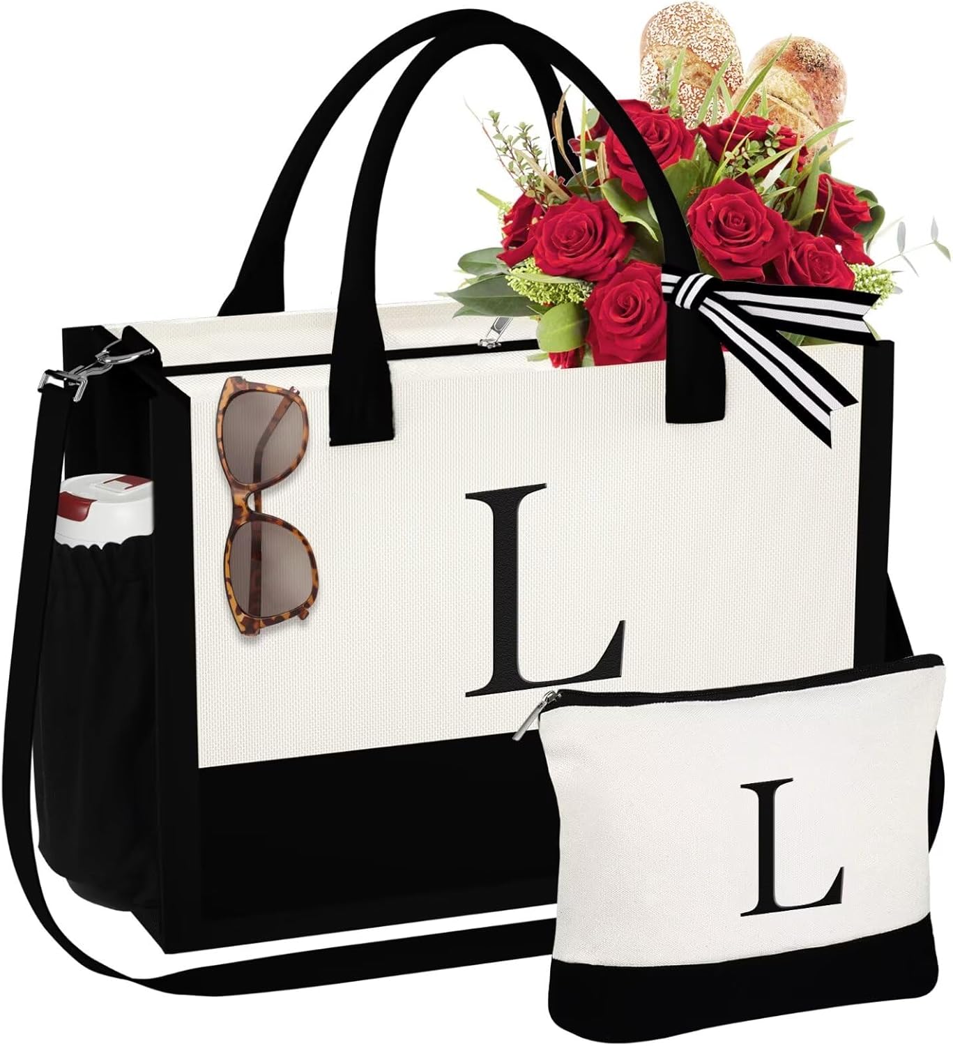 YOOLIFE Gifts for Women - Initial Canvas Tote Bag & Makeup Bag, Birthday Gifts f...