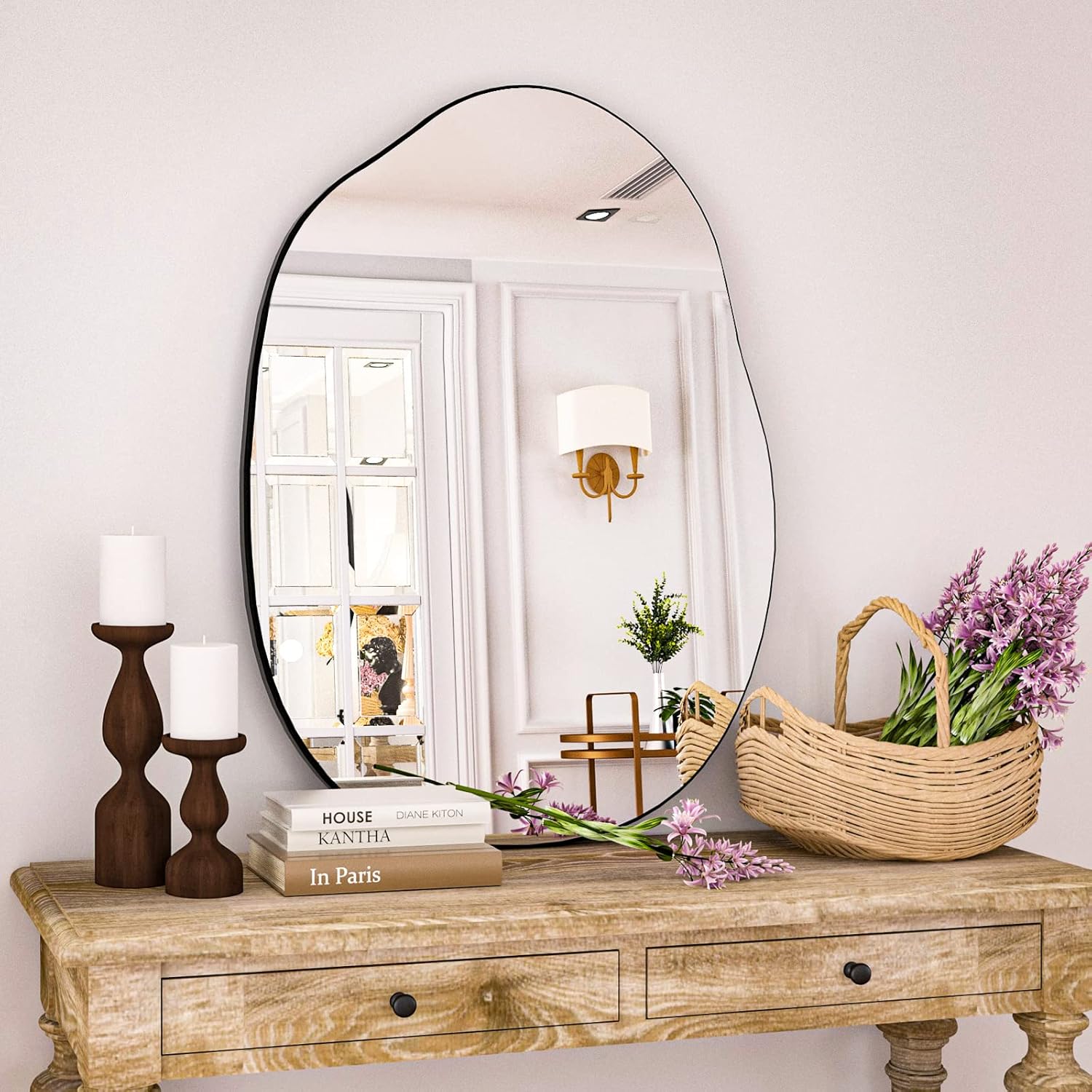 HARRITPURE Irregular Wall Mirror 26"x38" Black Asymmetrical Bathroom Mirror Wood...