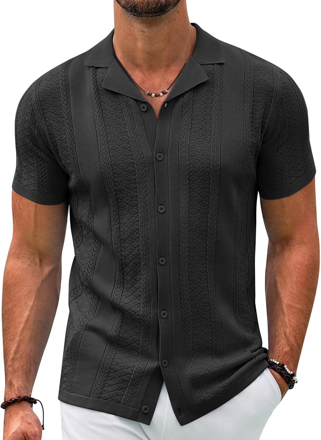 COOFANDY Men's Knit Shirts Vintage Short Sleeve Button Down Shirt Casual Summer...