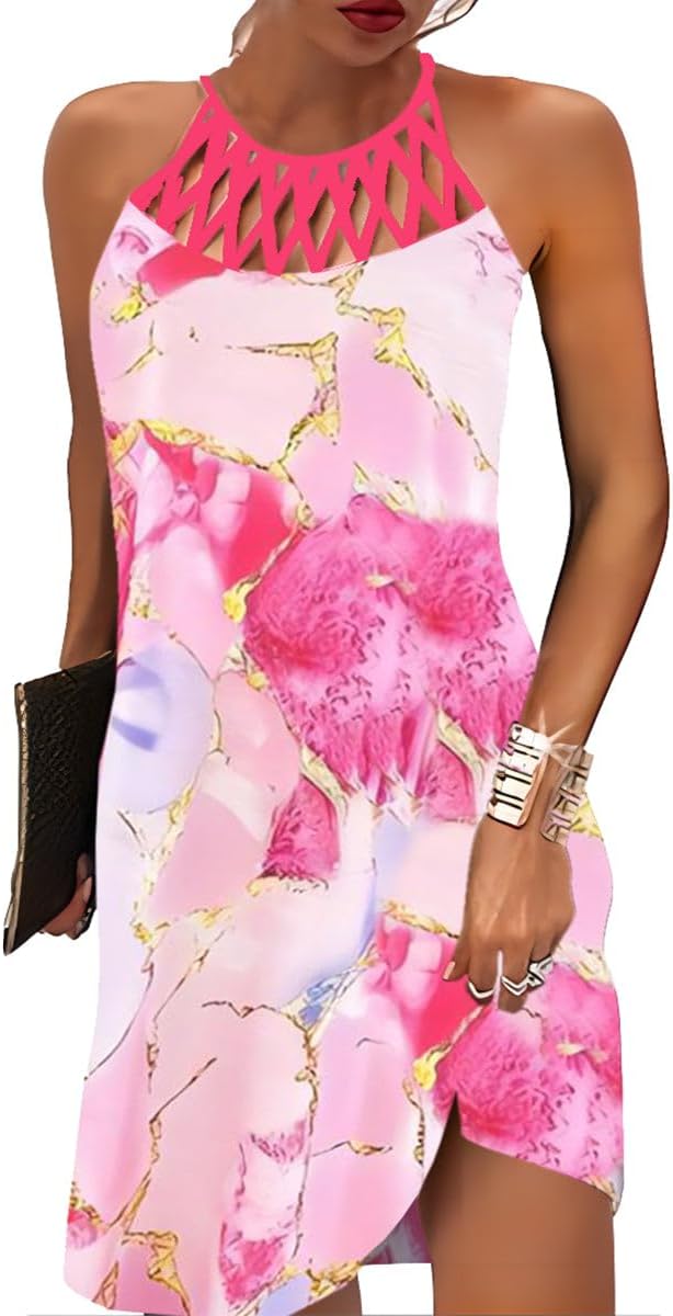BIRW Summer Dresses for Women 2025 Casual Floral Hollow Out Halter Neck A-line S...