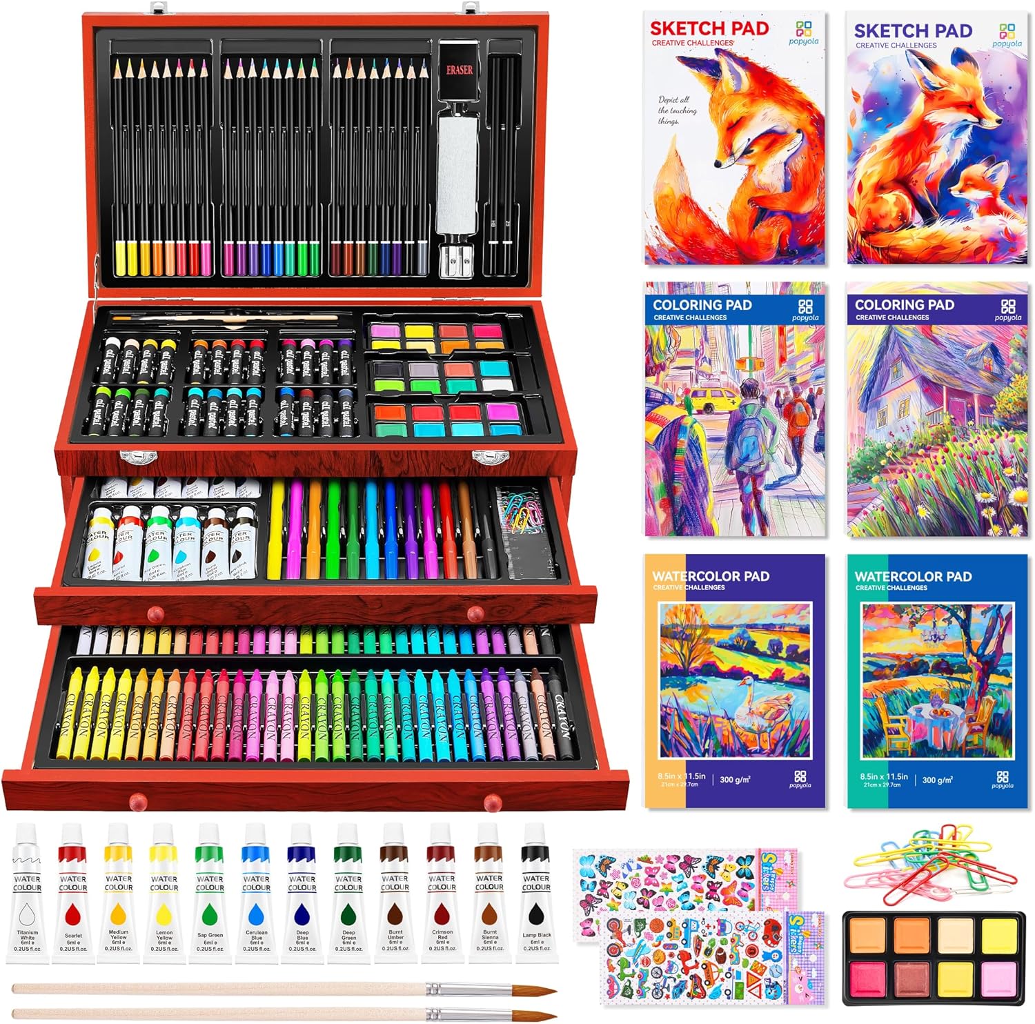 POPYOLA Art Supplies, 269 Piece Deluxe Art Set with 6 Drawing Pads, Watercolor P...