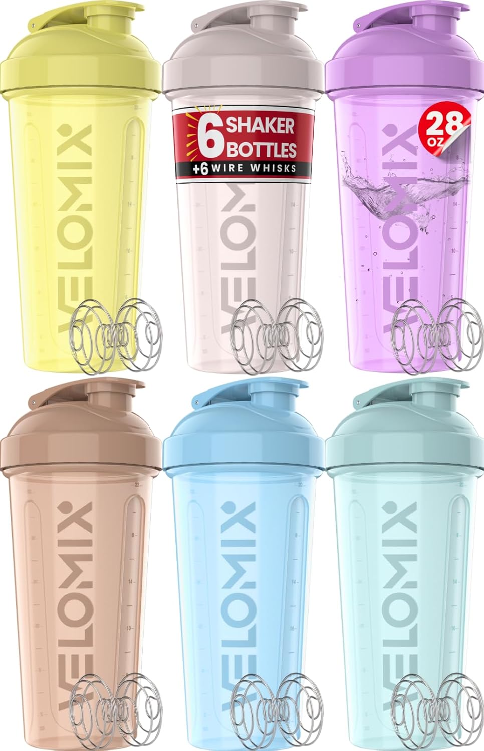 -6 PACK- Shaker Cups for Protein Shakes 28 oz - 6x Wire Whisk | Leak Proof Prote...
