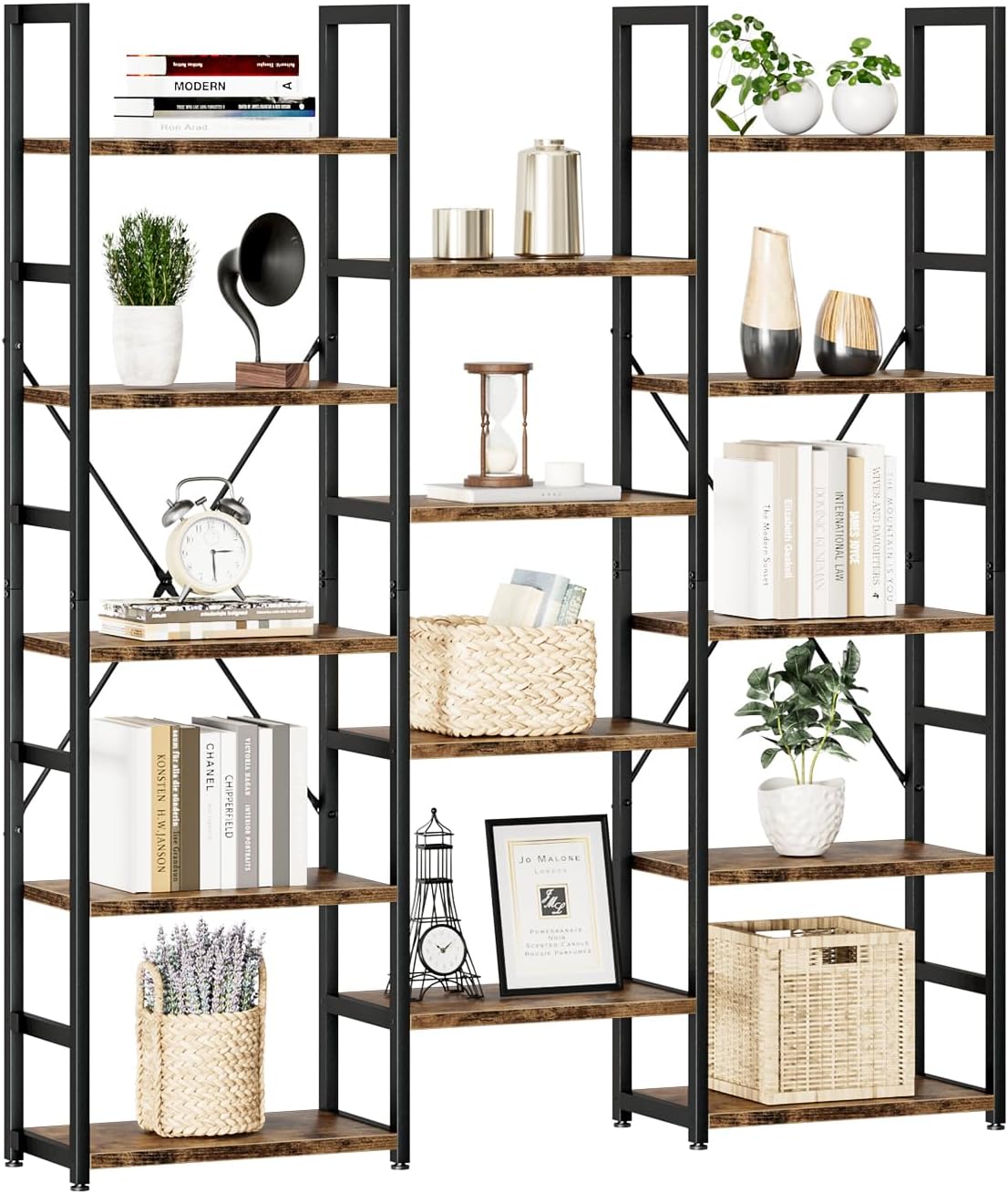 NUMENN Triple Column 5 Tier Bookshelf, Bookcase with 14 Open Display Shelves, Ad...