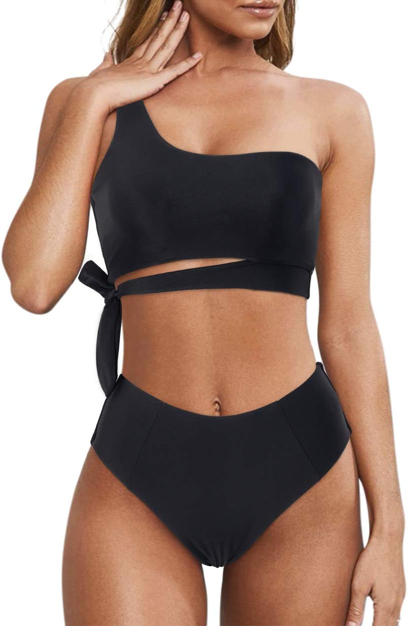 MOOSLOVER Women One Shoulder High Waisted Bikini Tie High Cut Two Piece Swimsuit...