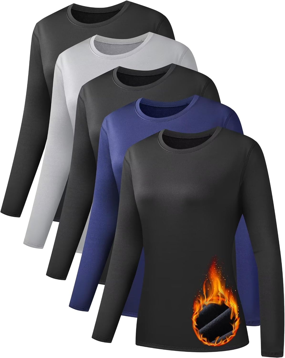 5 Pack Long Sleeve Thermal Shirts for Women Ultra Soft Fleece-Lined Crew Neck Wo...