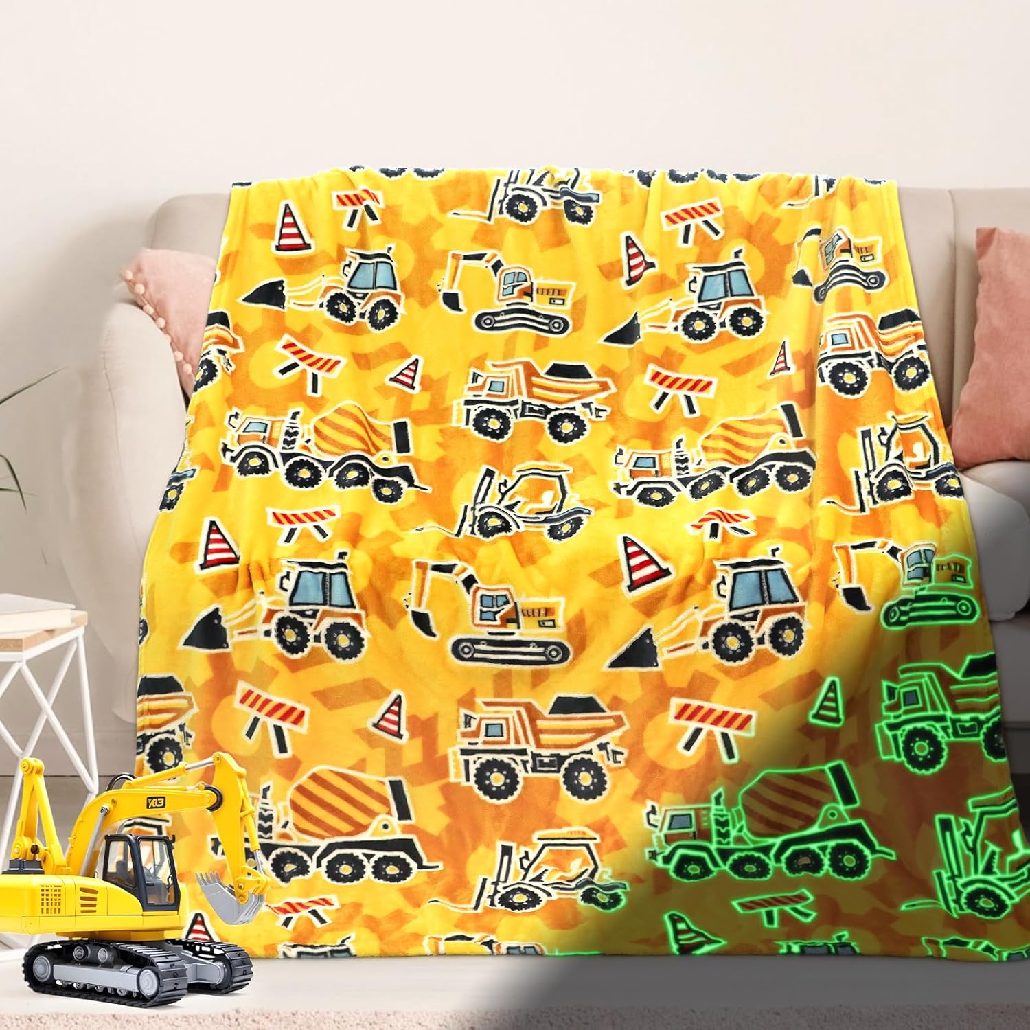 Excavator Blanket Construction Gifts for Kids Glow in The Dark Truck Blanket Sof...