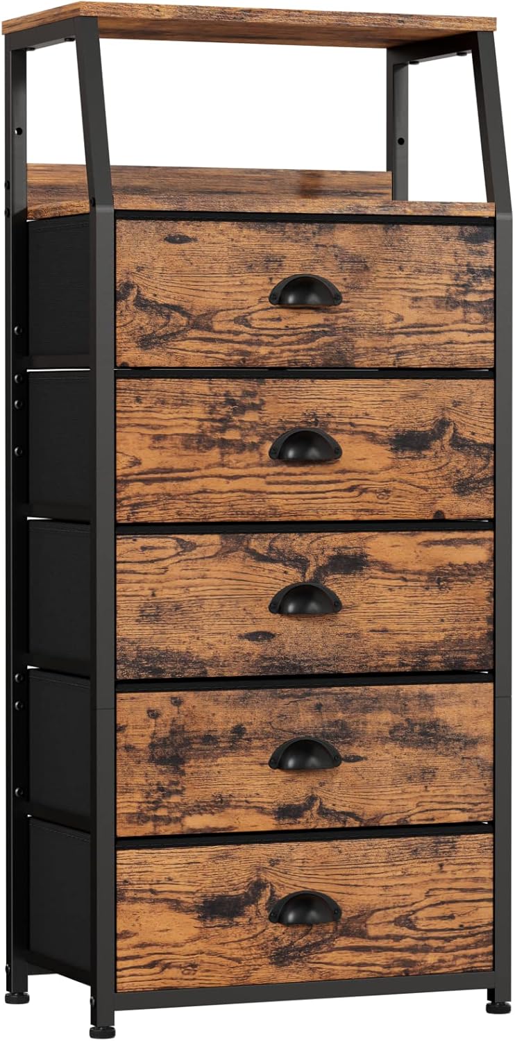 Furnulem Tall 5 Drawers Dresser, Vertical Storage Tower Fabric Dresser for Bedro...