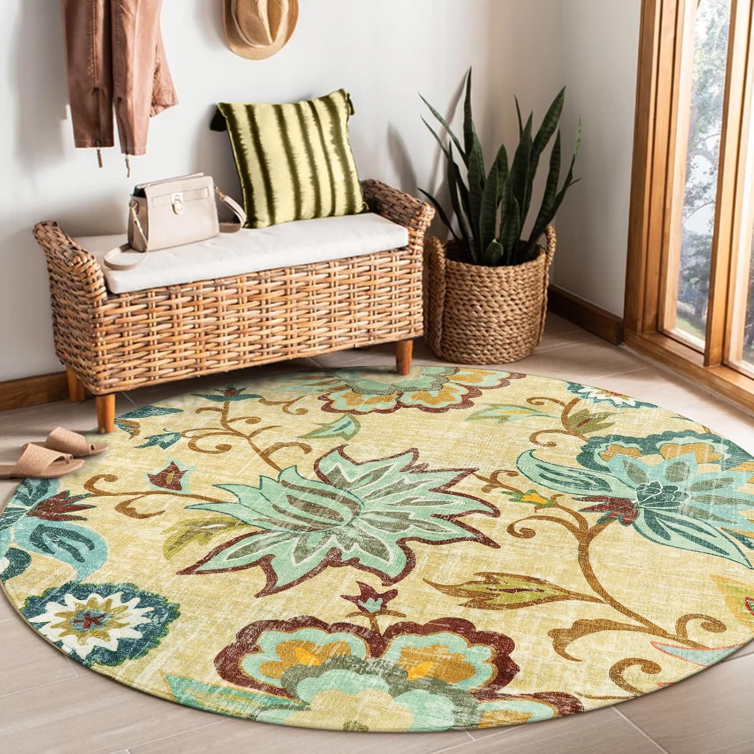 Lahome Floral Round Area Rugs 5Ft - Washable Soft Large Round Rugs for Living Ro...
