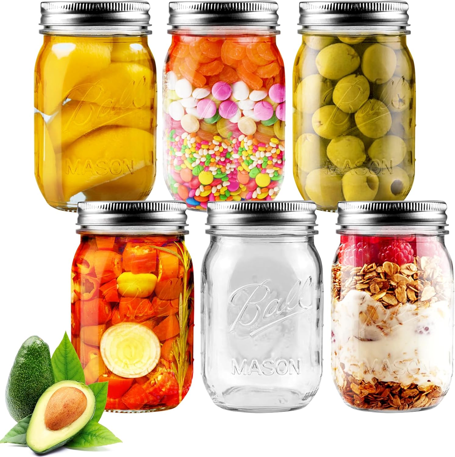 Showvigor 6 Pack Wide Mouth Mason Jars 16oz Glass Canning Jars with Airtight Lid...