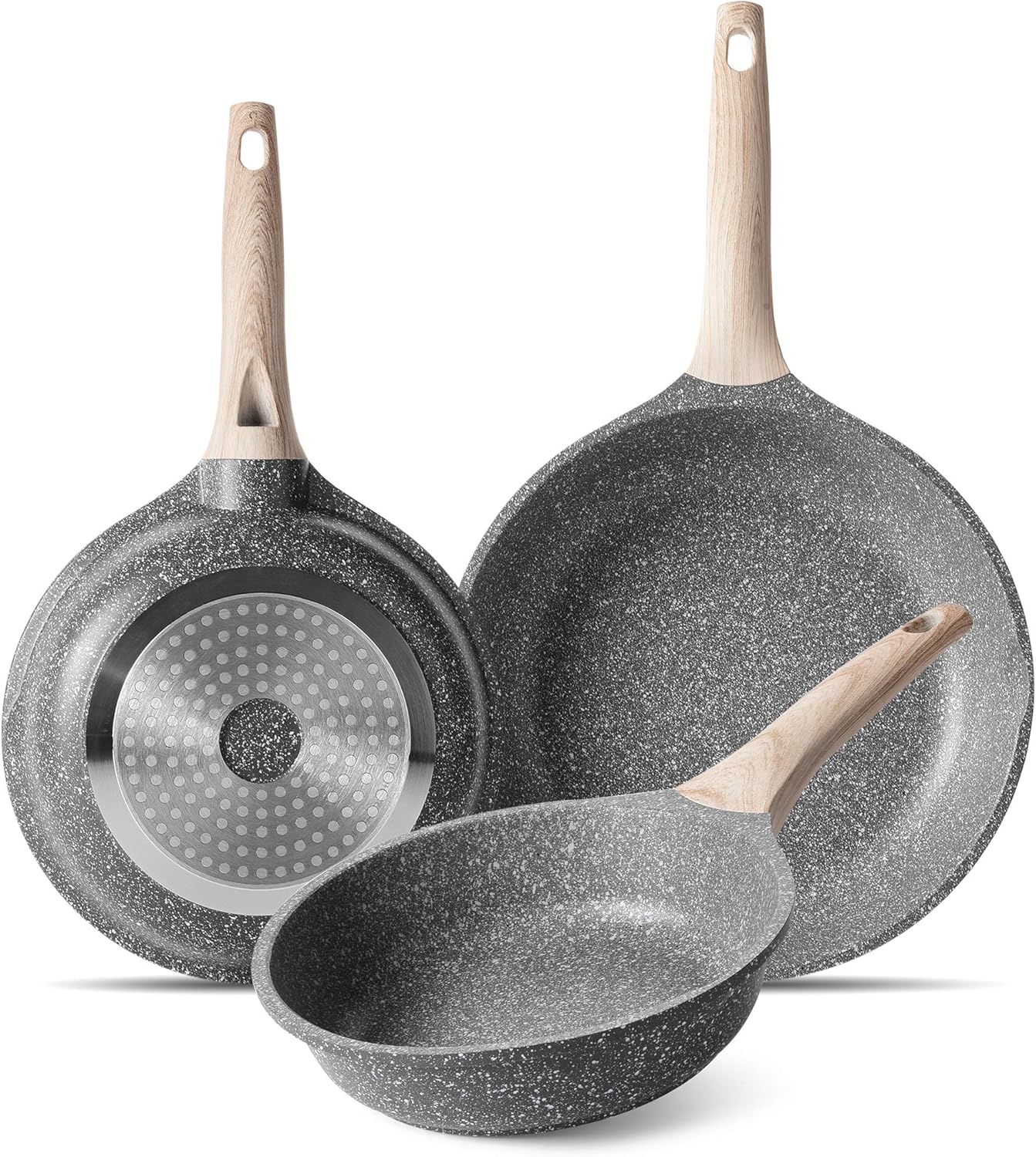 ZUOFENG Non Stick Frying Pan 3 Sets, Stone Pans Cookware Granite Coating, Induct...
