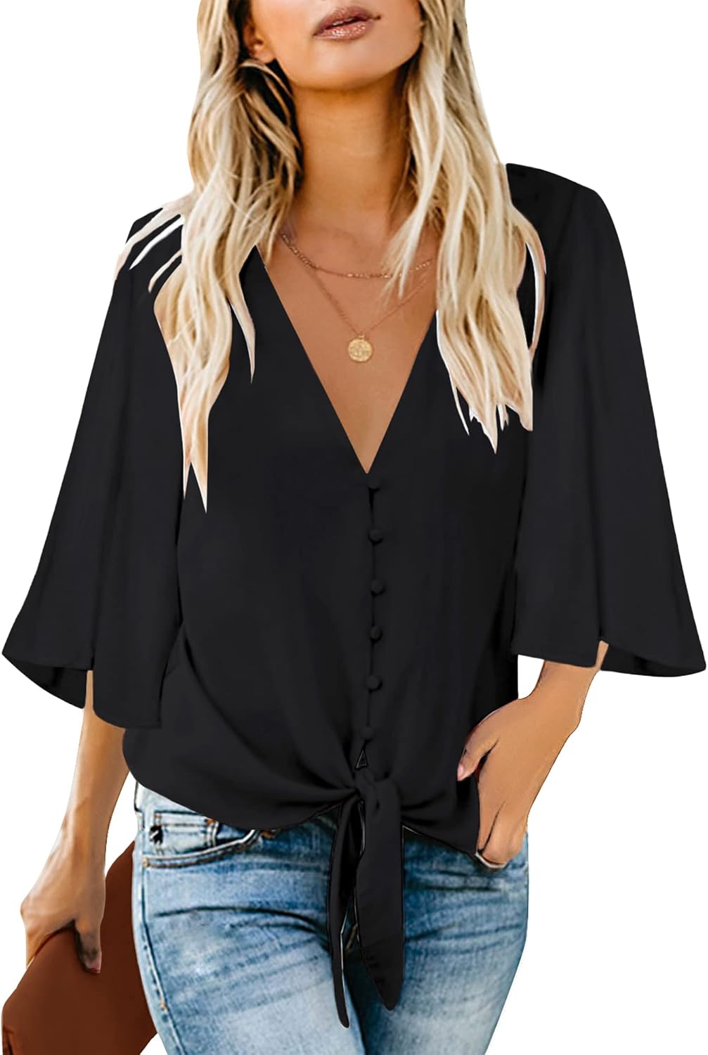 luvamia Women's Casual V Neck Tops 3/4 Sleeve Tie Knot Blouses Solid Button Down...