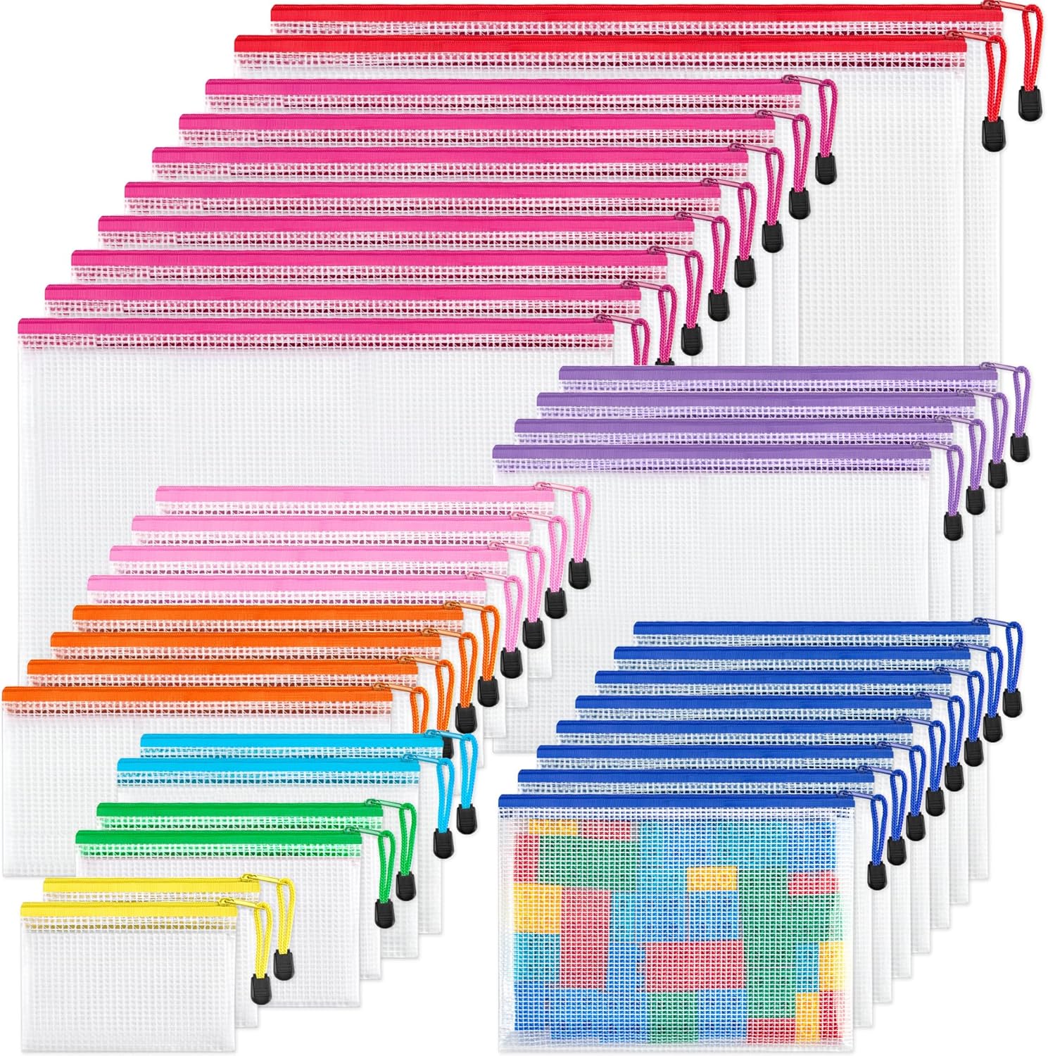 JARLINK 36 Pack 8 Sizes Mesh Pouch, 9 Colors, Waterproof Zipper File Bags Docume...