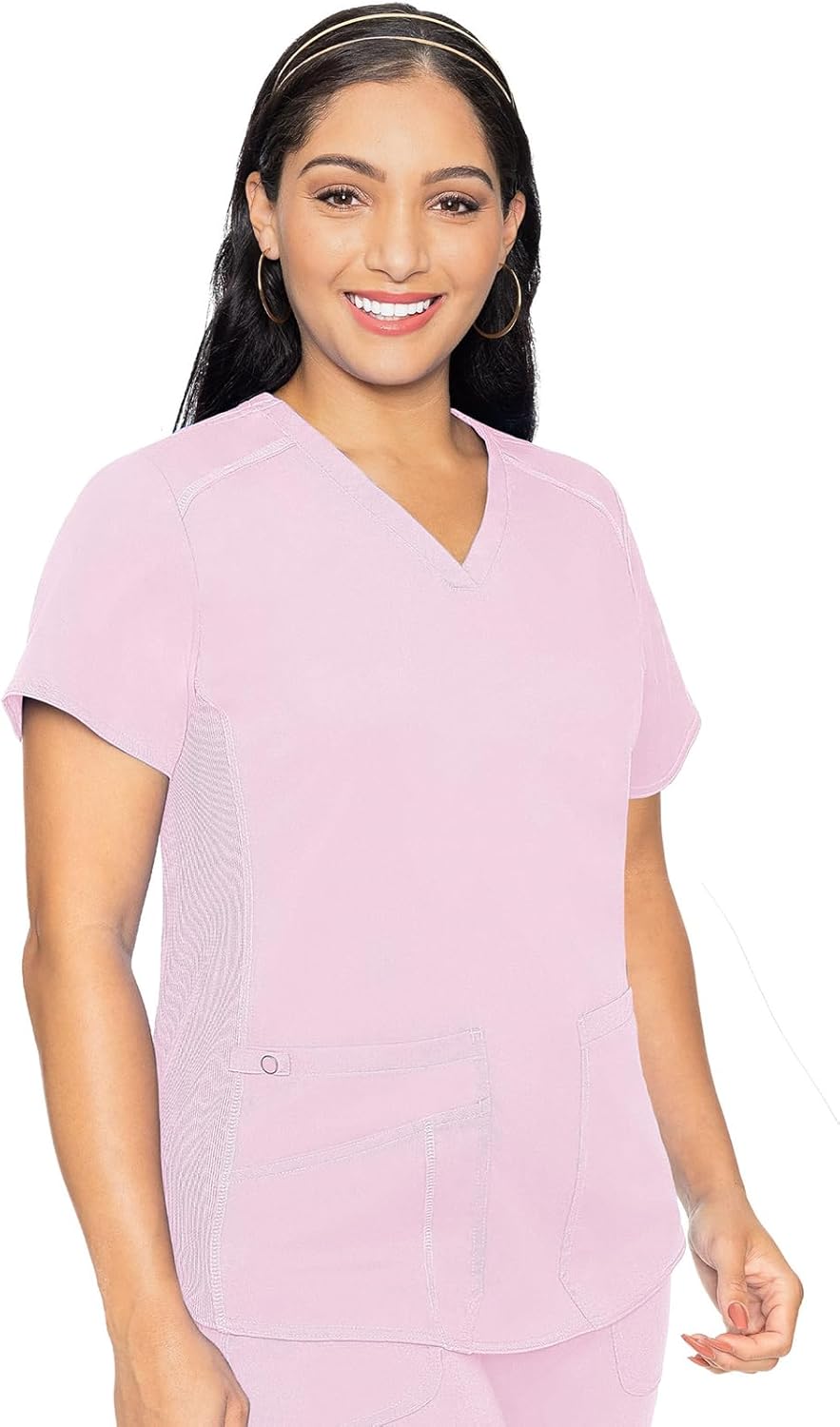 Med Couture V-Neck Scrub Top for Women with 4 Pockets, Rib-Knit Side Panel, and...