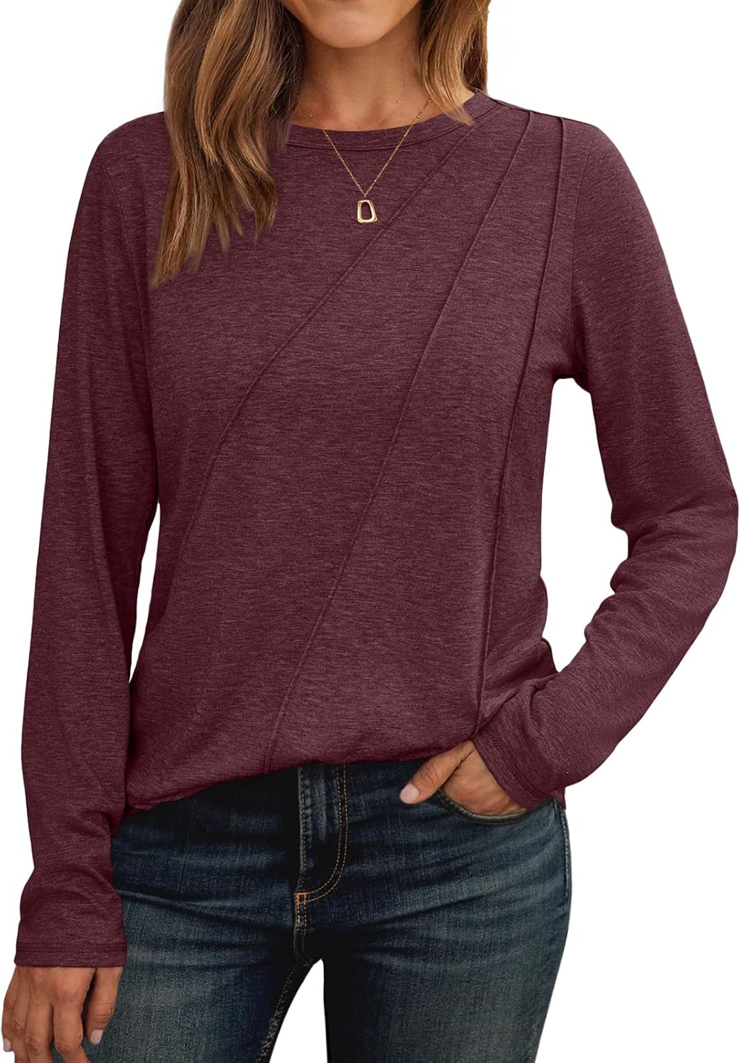 AUTOMET Womens Long Sleeve Shirts Pleated Crew Neck Casual Fall Fashion Tops Loo...