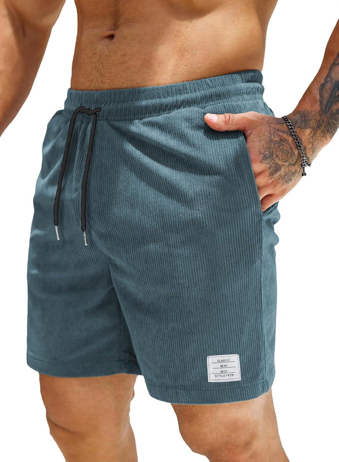 Elegancity Mens Corduroy Shorts Casual Sports Drawstring Summer Jogging Shorts w...