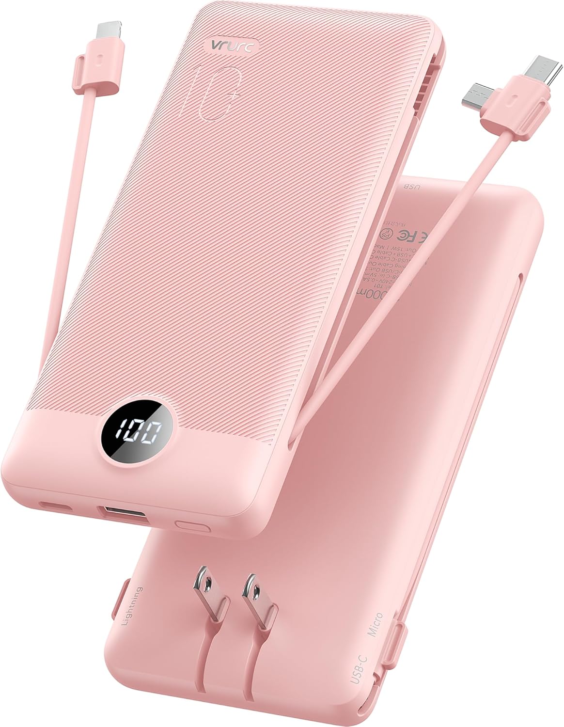 VRURC Portable Charger Built-in Cables and AC Wall Plug, USB C Power Bank 10000m...