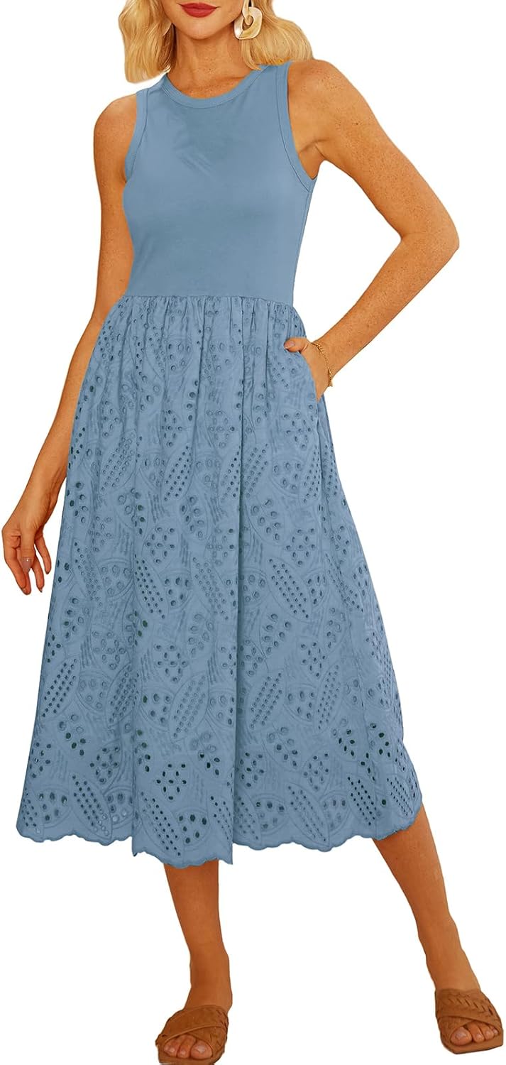 GRACE KARIN Women's Summer Sleeveless Tank Dress A Line Midi Dress Eyelet Crewne...
