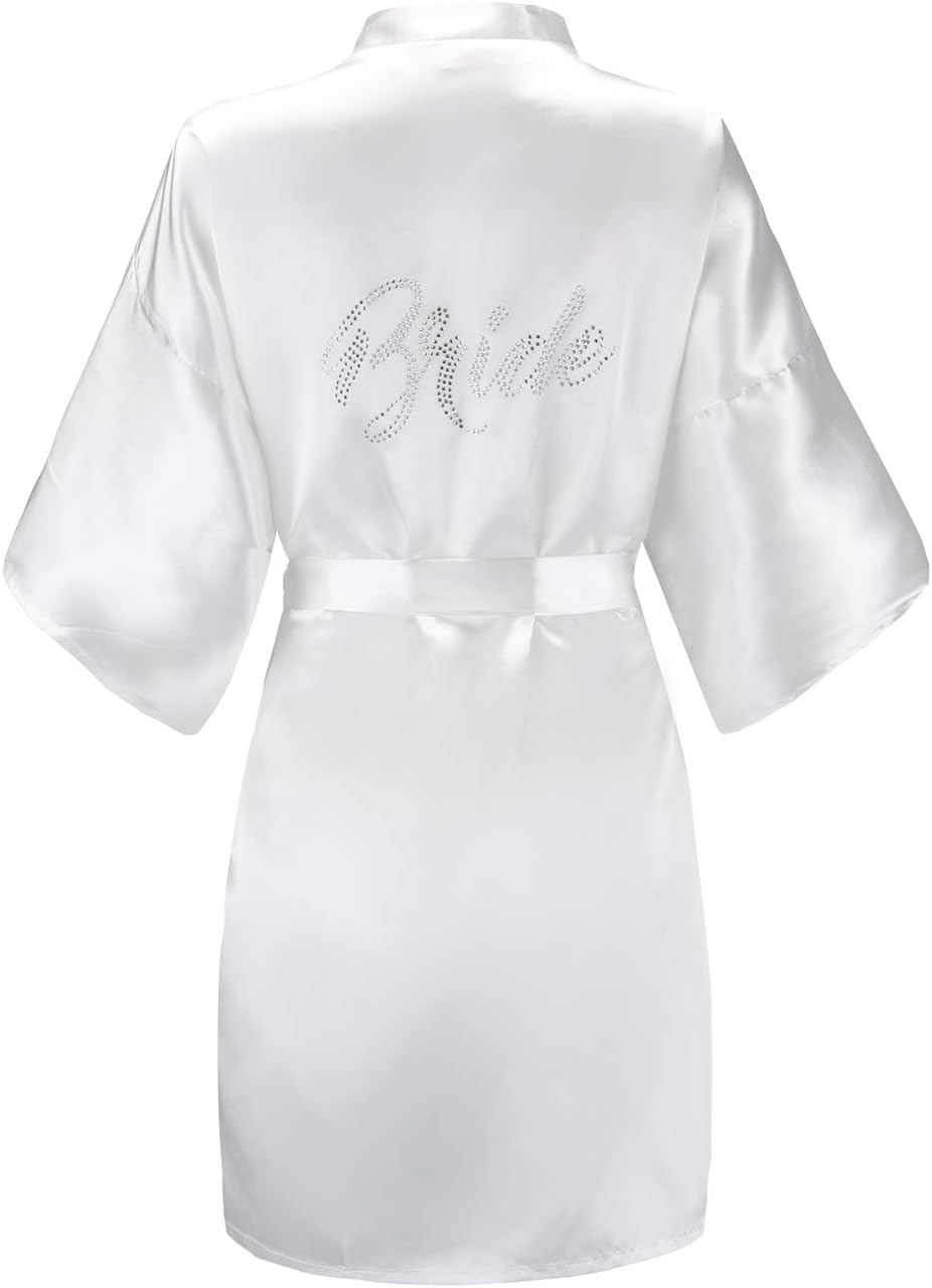 EPLAZA Women's One Size Silver Rhinestones Bride Bridesmaid Short Satin Robes fo...