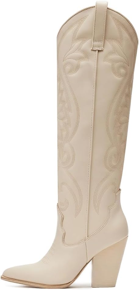 VOMIRA Knee High Cowboy Boots for Women Pointed Toe Chunky High Heels Pull-on Em...