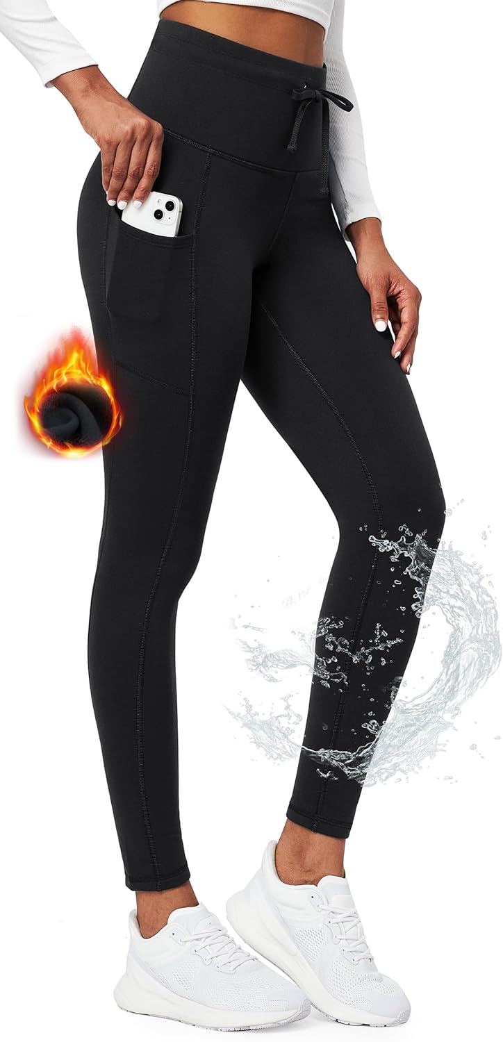 Ewedoos Womens Fleece Lined Leggings with Pockets Water Resistant High Waisted T...