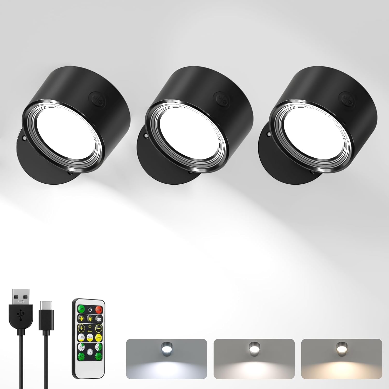 LED Wall Reading Lights with Remote, 3 Pcs Rechargeable Wall Mounted Reading Sco...