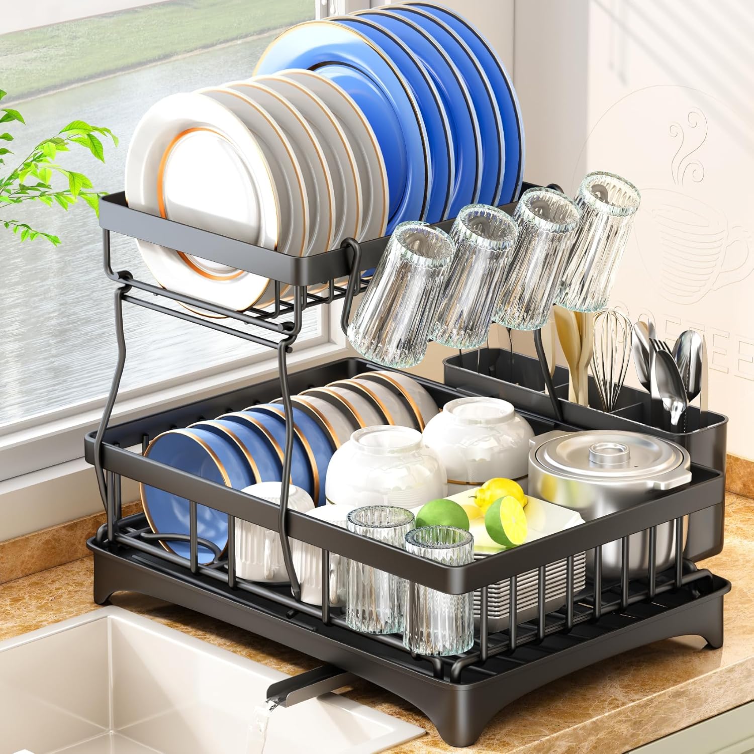 SAYZH Dish Drainer Rack, Detachable 2 Tier Dish Draining Rack and Drain board Se...