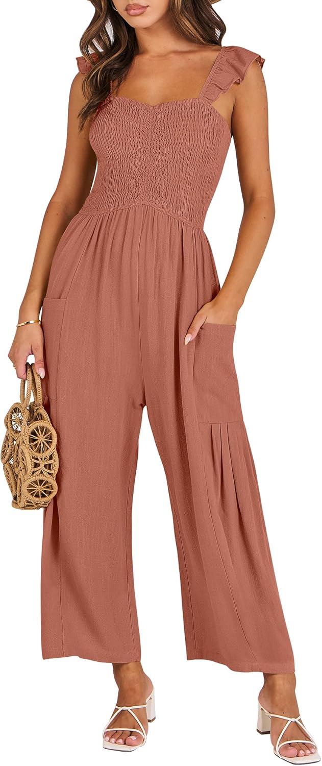 ANRABESS Women Summer Casual Dressy Sleeveless Smocked Wide Leg Linen Jumpsuits...