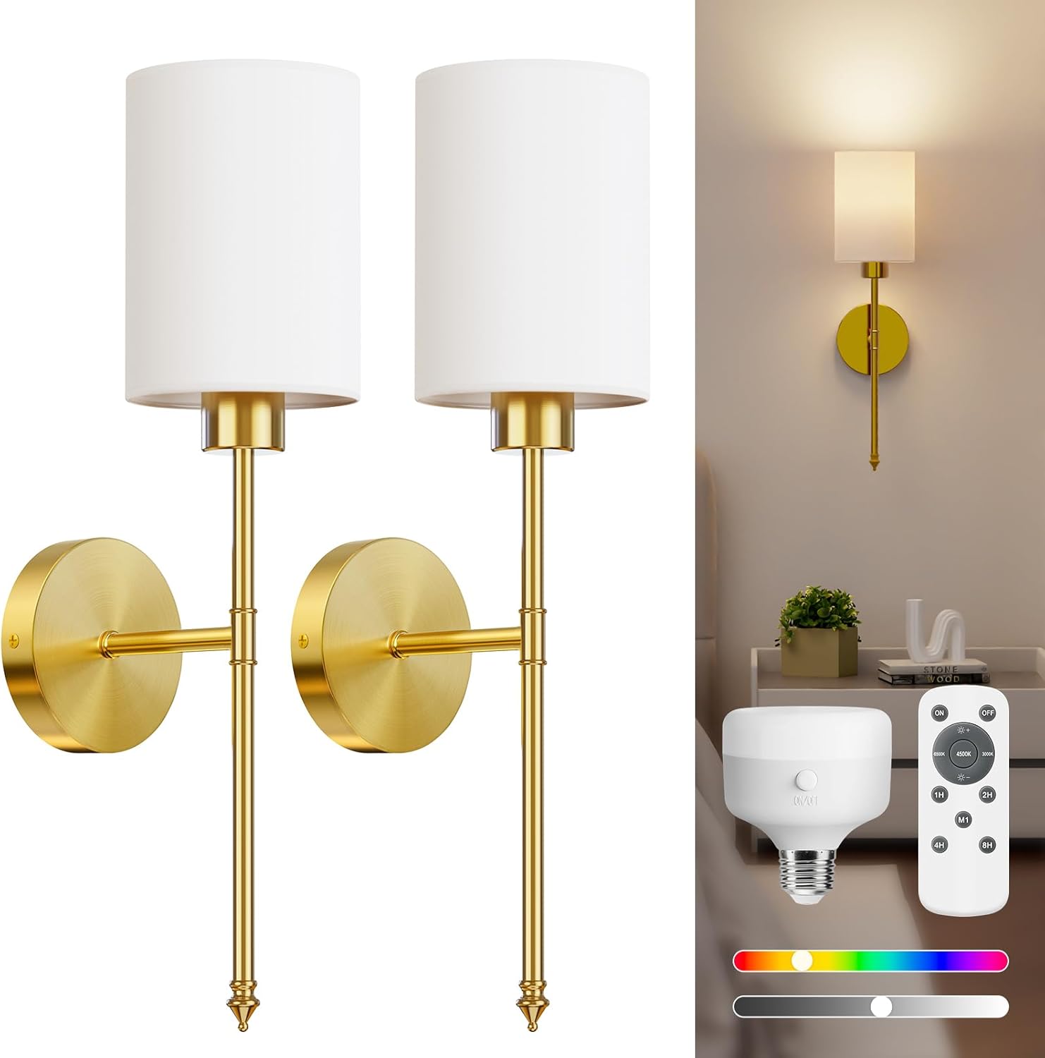 NIORSUN Battery Operated Wall Sconce Set of 2, Gold Wireless Rechargeable Wall L...