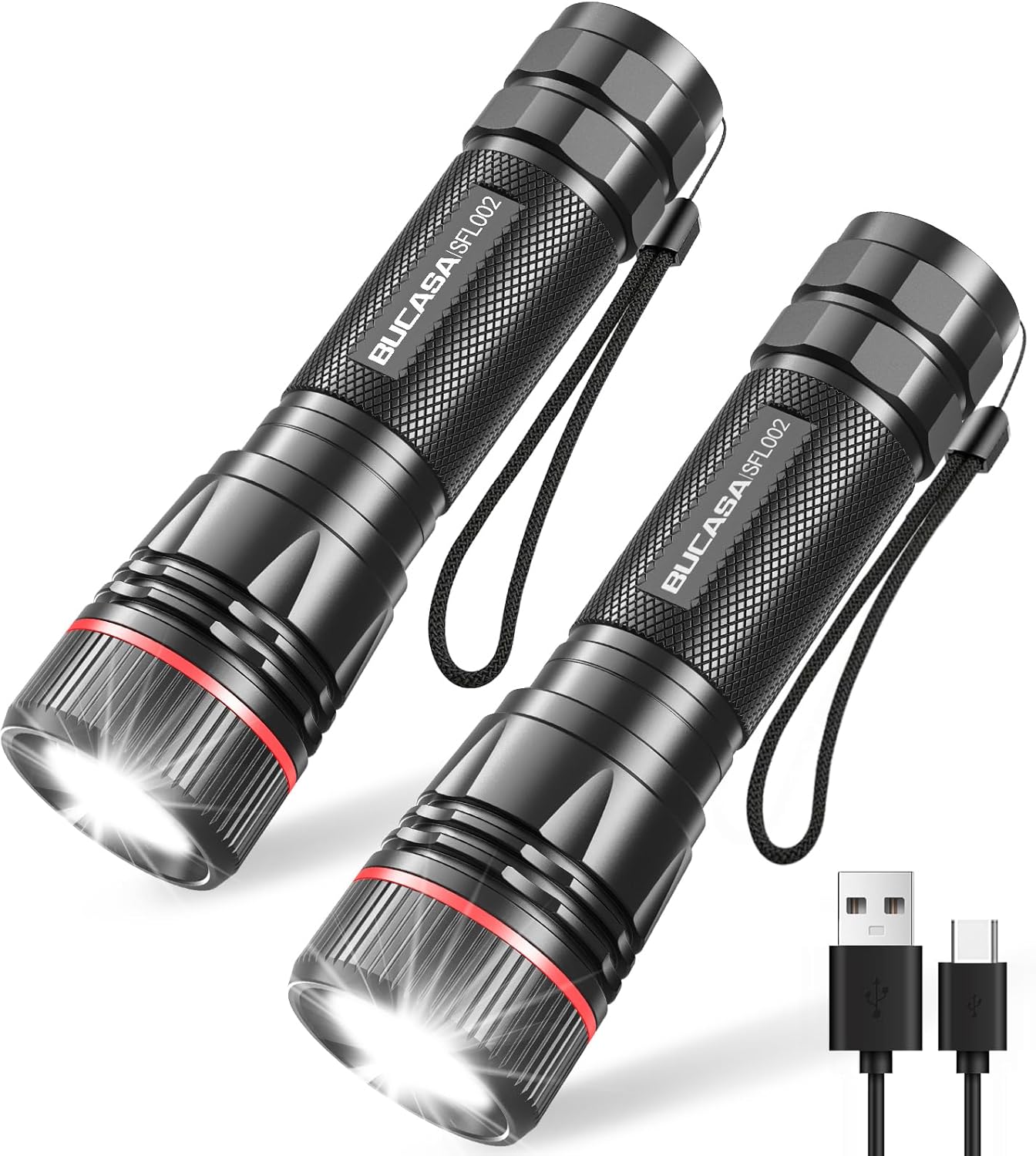 BUCASA Torches LED Super Bright 2000 Lumens, 2 Pack Rechargeable Torch with 3 Mo...