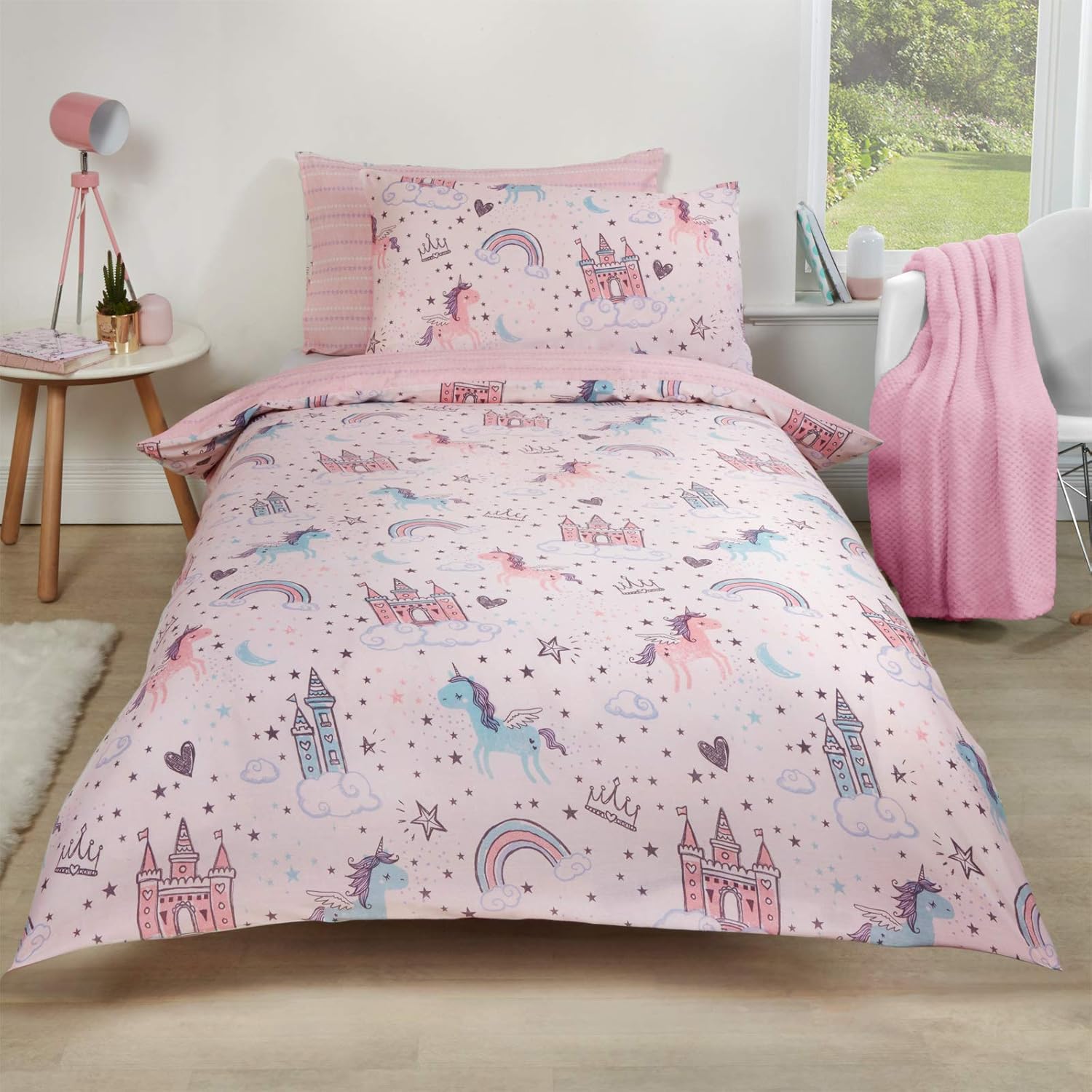 Dreamscene Unicorn Kingdom Duvet Cover with Pillow Case Reversible Star Stripe B...