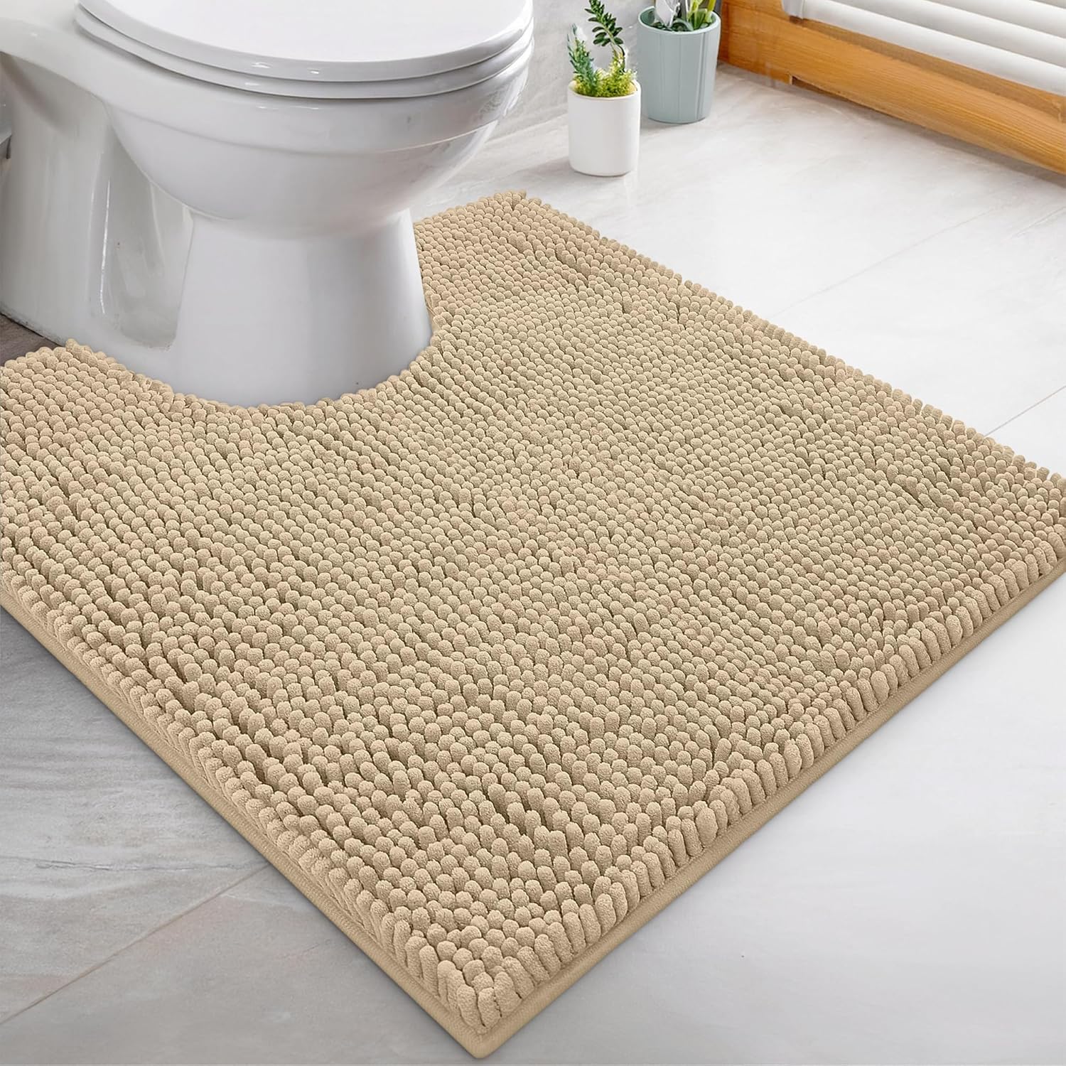 LuxUrux Luxury Shaggy Toilet Bath Mat U-Shaped Contour Rugs for Bathroom, Soft a...