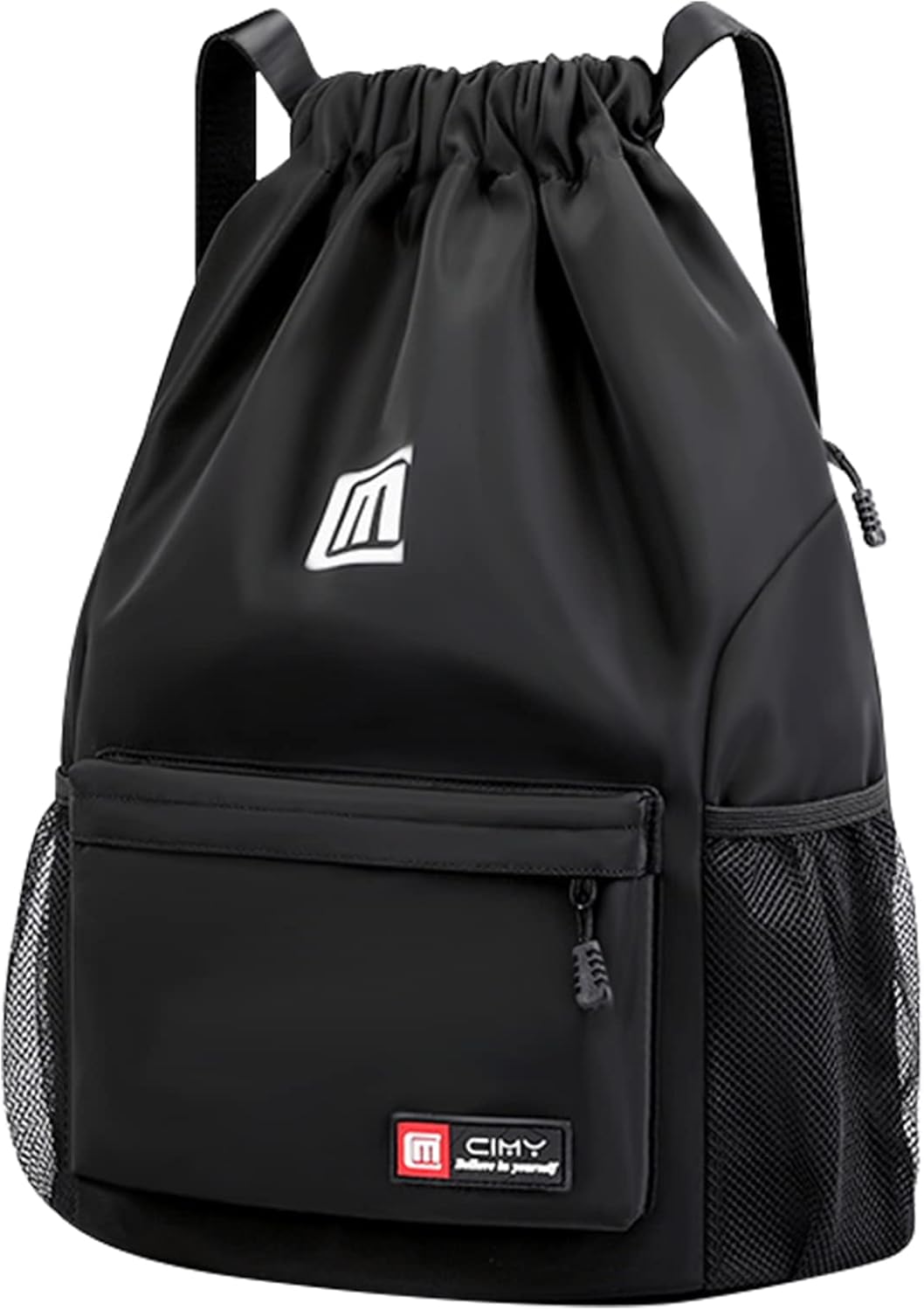 Pystuvo Drawstring Gym Bag, Large Drawstring Bags With Mesh Pockets Water Black