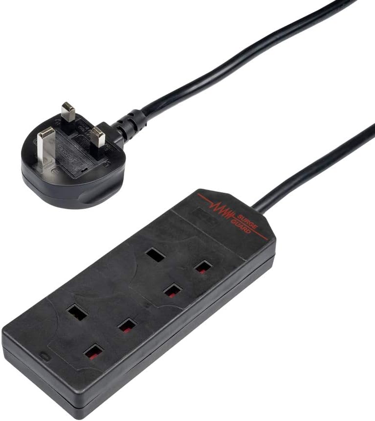 Invero 2 Way Gang Power Mains Extension Lead Cable 5M - Surge Protected, Neon In...