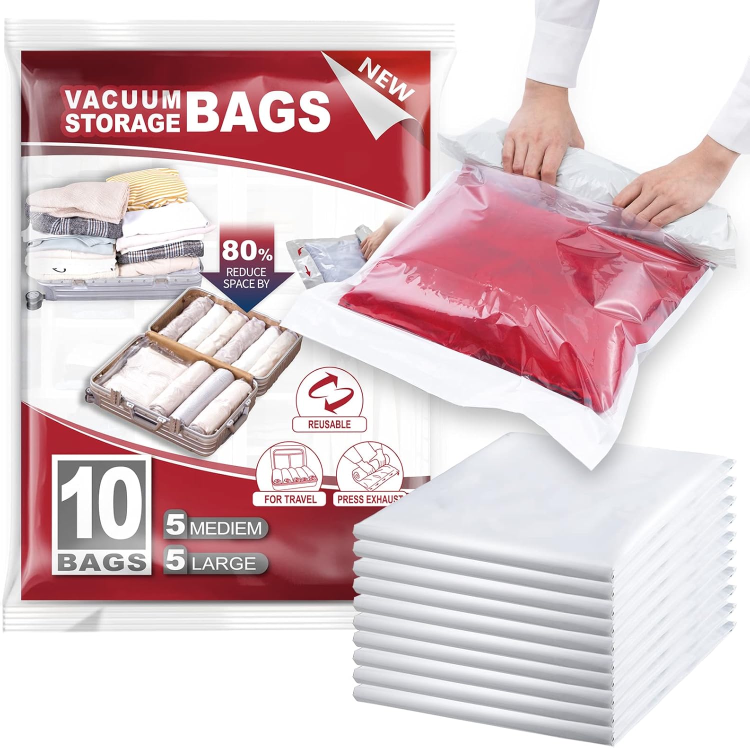 TAILI Roll Up Vacuum Storage Bags for Clothes Travel 10 Packs 5 Large, 5 Medium...