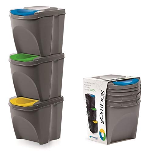 KrysGo 20 Litre Large Stackable Recycling Sorting Colour Coded Plastic Bins with...