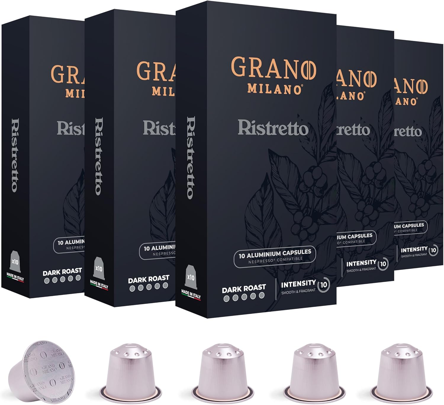 Grano Milano Ristretto 50 Aluminium Coffee Pods Compatible with Nespresso Origin...