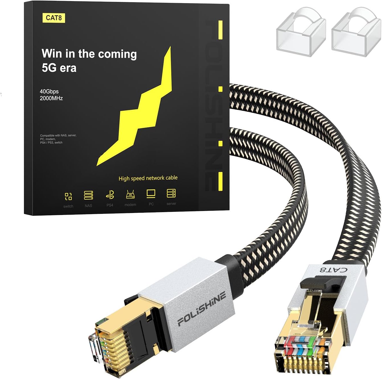Cat 8 Ethernet Cable 2M, High Speed Gigabit Nylon Braided Lan Network Cat 8 Patc...